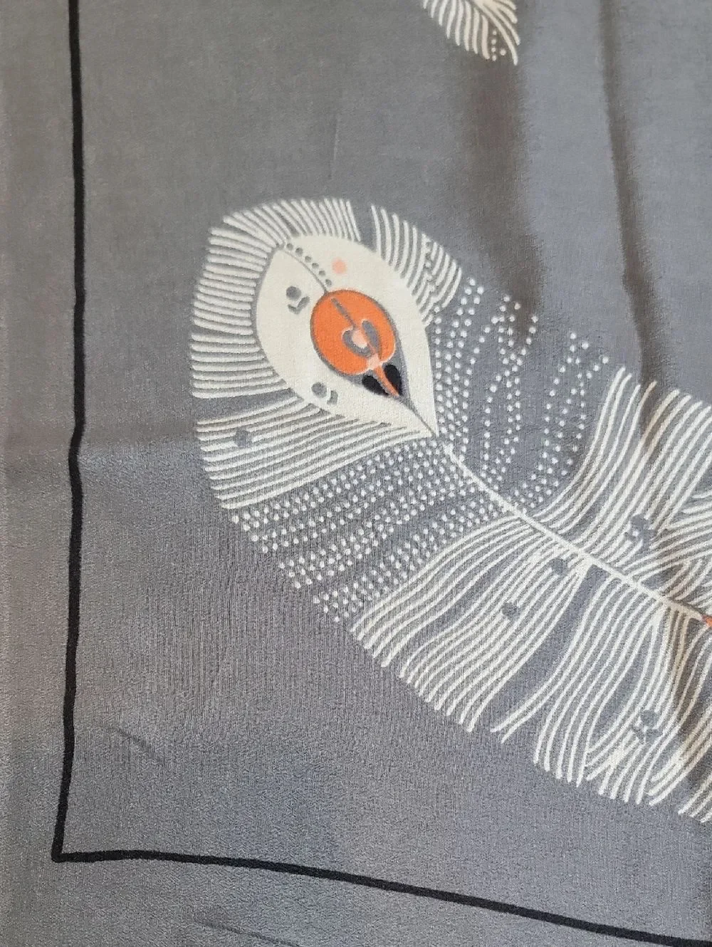 Echo Silk Feather Print Square Scarf in Gray and Peach 31